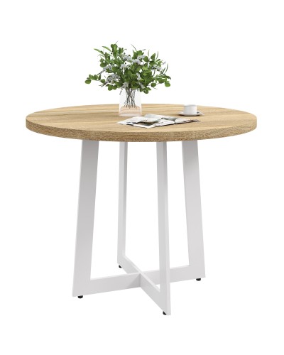  Tavolo da Pranzo Rotondo Moderno per 4 Persone, Ø100x75cm, Legno Naturale e Bianco