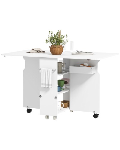 Foldable Drop Leaf Table with 3-Tier Shelves, Storage Box and Wheels, MDF, 130x80x76.5 cm, White