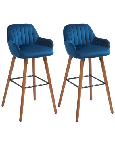 Set of 2 Modern Velvet Bar Stools with Backrest and Armrests, Wooden Base and Footrest, Dark Blue