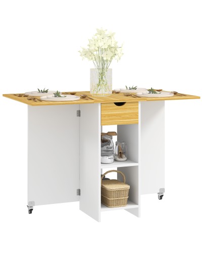 2-4 Person Folding Dining Table with 2 Drop Leaves, Drawer & Shelves, Oak Finish