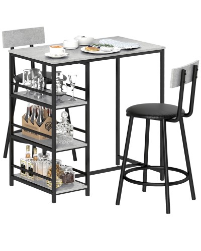  Set da Pranzo 3 Pezzi con Bancone Bar con Ripiani e 2 Sedie Alte con Schienale, Grigio Chiaro