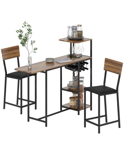 Foldable Bar Counter Set with 2 Tall Bar Stools with Backrest, Wine Rack and Glass Holder, Brown