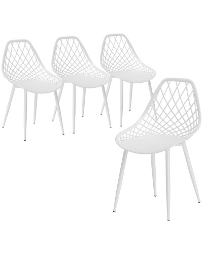  Set 4 Sedie da Pranzo Moderne con Schienale Traforato in Plastica e Gambe in Metallo, Bianco