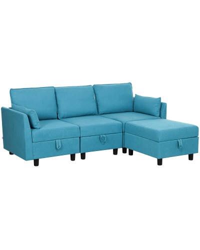 Modular 3 Seater Sectional Sofa with Ottoman Footrest and Cushions, Flannel Upholstery, Blue