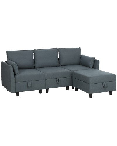 Modular 3-Seater Sectional Sofa with Ottoman Footrest and Pillows, Flannel Upholstery, Dark Grey