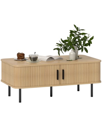 Coffee Table with 2 Storage Shelves and Sliding Doors, Wood and Steel, 100x55x40 cm, Black and Oak