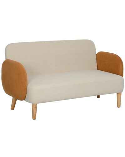  Divano 2 Posti Stile Nordico in Tessuto Effetto Velluto e Legno, 138x73x74 cm, Crema e Arancione