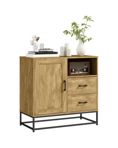  Credenza Moderna con 2 Cassetti, Armadietto Regolabile e Ripiano Aperto, in Legno e Acciaio, 80x40x78 cm, Marrone
