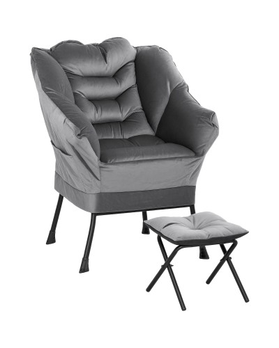 Modern Velvet-Look Armchair with Footrest and 2 Side Pockets, Steel Frame, 80x78x100 cm, Grey