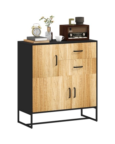 Modern Sideboard with 3 Doors and 2 Drawers, Chipboard and Steel, 80x35x88 cm, Black and Wood Color