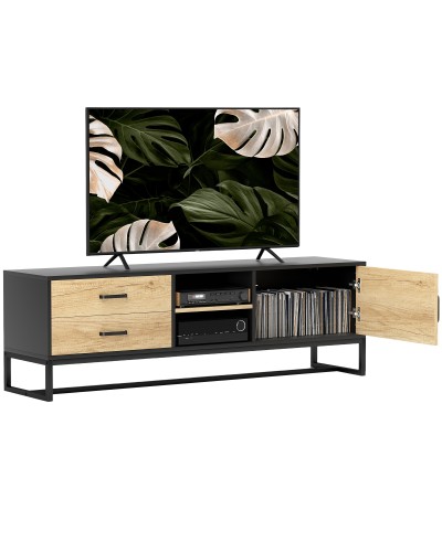  Mobile Porta TV 60" con Armadietto, 2 Cassetti e Ripiani Aperti, 140x35x45 cm, Legno Naturale