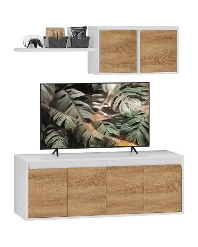  Set Mobile TV e Armadietto a Muro con 7 Ripiani e Scaffale Aperto, in Legno, 120x41x43.3 cm, Bianco e color Legno