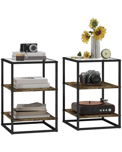 3-Tier Wood and Metal Living Room Side Table Set with Tempered Glass Top, Brown