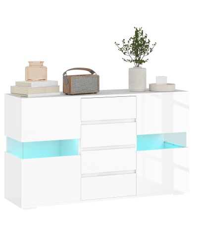 Modern Sideboard with Adjustable LED Remote Control, 4 Drawers and 2 Cabinets, 120x34x70 cm, White