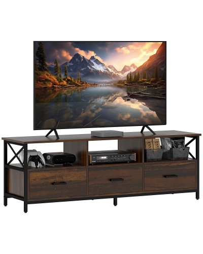  Mobile TV Industriale con 3 Cassetti e 3 Ripiani Aperti, in Legno e Acciaio, 147x40x50 cm, Nero e Marrone