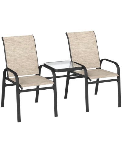 Garden Bench 2 Seater with Armrests, High Backrest and Central Low Glass Table, Brown and Black
