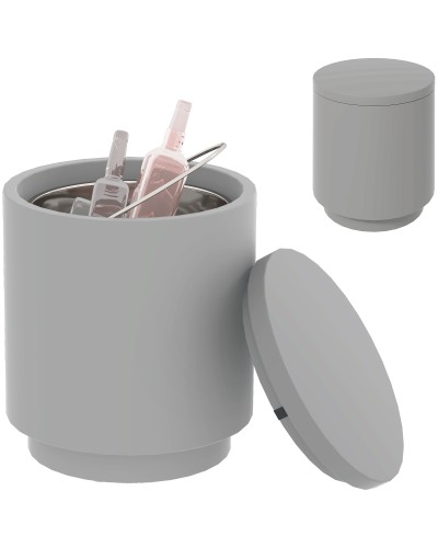  Tavolino Multiuso con Secchiello Ghiaccio e Coperchio, in Cemento e Acciaio Inox, Ø37.5x43.5 cm, Grigio Chiaro