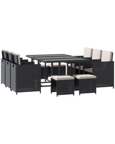 11 PC Outdoor Rattan Garden Furniture Set with Tempered Glass Table and Cushions, Dining Set, Black