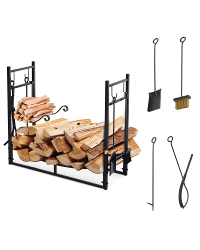Indoor & Outdoor Metal Firewood Rack with Shovel, Broom, Poker and Tongs, Black, 84x33x76cm