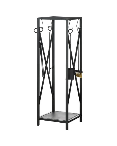 Indoor & Outdoor Space-Saving Metal Firewood Rack with Shovel, Brush, Poker, and Tongs, 34x34x111cm, Black