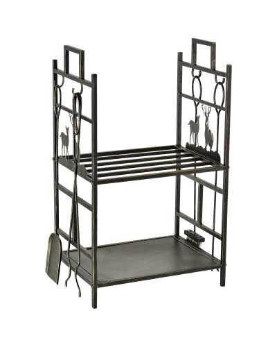 Wrought Iron Log Holder with Fireplace Tools, Handles and Raised Base, 51.5x33x77cm, Black