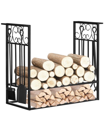  Portalegna Rialzato per Camino in Acciaio Antiruggine, Porta Legna da Interni ed Esterni, 4 Attrezzi Inclusi, 75x30x60cm