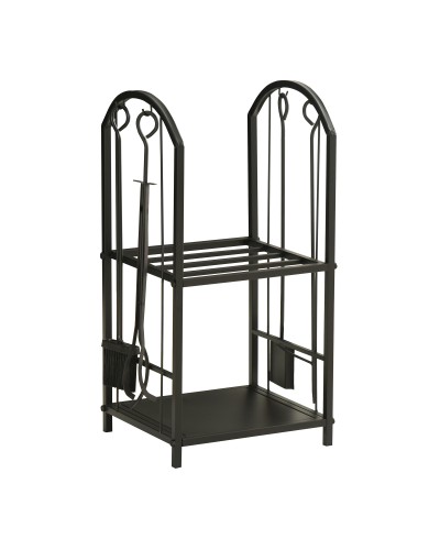  Portalegna a 2 Ripiani in Metallo con Paletta, Scopa, Attizzatoio e Pinza, 41.5x32.5x74.5 cm, Nero