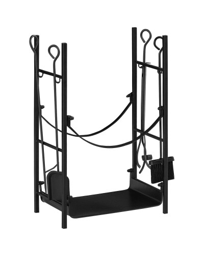  Portalegna da Interno ed Esterno in Metallo a 2 Ripiani, Porta Legna per Interni con Supporti Rimovibili, Paletta, Scopa, Attiz