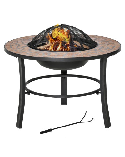 Garden Fire Pit with Spark Screen, Poker and Ceramic Table Top, 68x68x45 cm, Black
