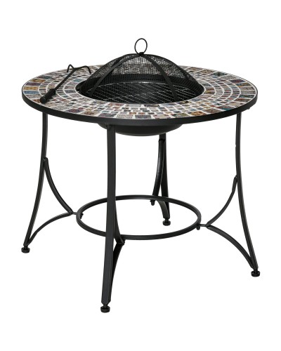  Braciere da Esterno 3 in 1 con Tavolino, Griglia e Attizzatoio, in Metallo e Ceramica, 75x75x60 cm