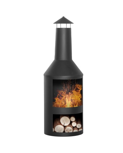  Braciere da Giardino in Metallo con Camino, Porta Legna e Attizzatoio, Φ44.5x133 cm, Nero