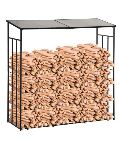 Outdoor Metal Firewood Log Rack with Polycarbonate Roof, 2100kg Capacity, 185x67x185, Black