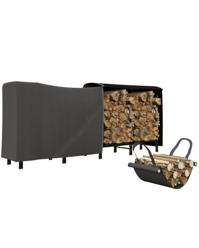 Indoor & Outdoor Metal Log Rack with Log Carrier and Cover, 240x36x99cm, Black