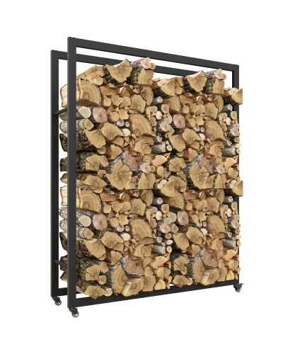 Indoor & Outdoor Firewood Rack with Wheels, Steel Log Holder 0.43m³ Capacity, 120x32x151cm, Black