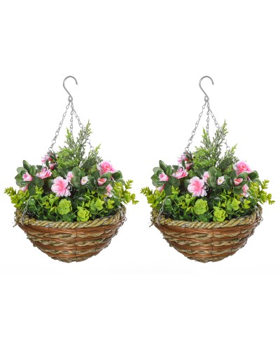 Lisianthus Artificial Plant Set with Pot and Hook, PE & Wicker, Ø25x34 cm, Green & Pink