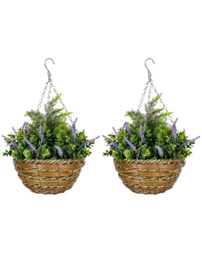 Set of 2 Artificial Lavender Plants with Pot and Hook, PE & Wicker, Ø25x34 cm, Green & Purple