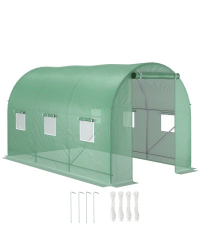 Tunnel Greenhouse for Vegetable Garden 3.5x2x2m PE & Metal with 6 Windows and Roll-Up Door, Green