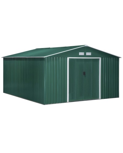 Garden Shed with 2 Sliding Doors and 4 Steel Vents, 340x386x200cm, Green