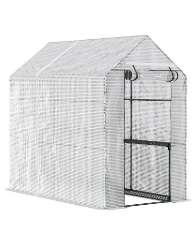 Lean-To Greenhouse with PE Cover, Hinged Door & 4 Shelves, 186x120x190cm, White