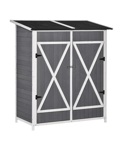 Wooden Garden Shed with 2 Doors, Outdoor Tool Storage Cabinet with Stool, 139x75x147/160cm