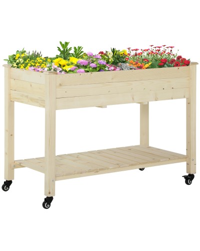 Wooden Raised Garden Bed with Wheels and Bottom Shelf, 118x55x83cm, Natural Wood