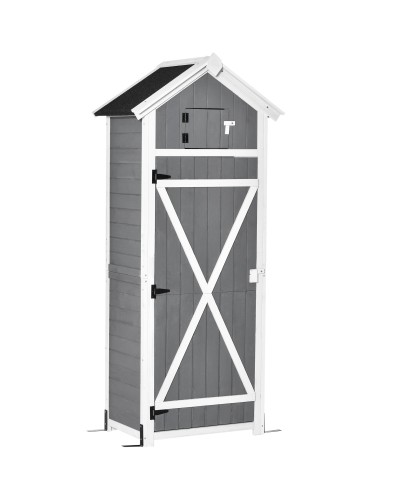  Casetta da Giardino Porta Attrezzi in Abete con Ripiano Rimovibile e Tavolo da Lavoro, 78x52.5x182 cm, Grigia