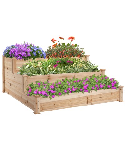 3-Tier Natural Wood Raised Garden Bed, Outdoor Elevated Planter for Plants, 120x120x56cm