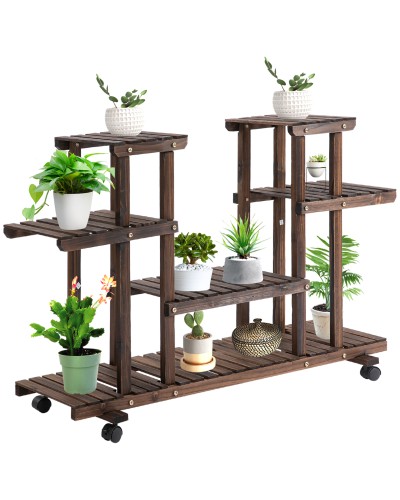 4-Tier Plant Stand, Indoor Outdoor Wooden Flower Rack with 4 Wheels, 123.5 x 33 x 80cm
