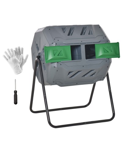  Compostiera da Giardino Girevole a 2 Sezioni con 8 Prese d'Aria, in Acciaio e PP, 71x65x96 cm, Grigio