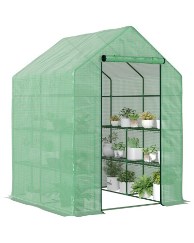  Serra da Giardino con Scaffali, Copertura in PE e Porta Avvolgibile, 143x138x190 cm, Verde