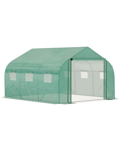 Tunnel Greenhouse with PE Cover and Steel Frame, Roll-Up Door and 6 Windows, 3.5x3x2m, Green