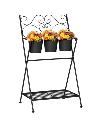  Portapiante in Metallo Pieghevole con 3 Vasi e Ripiano Inferiore per Casa e Giardino, 47x37x78.5cm, Nero