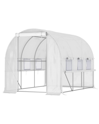3x2x2m Steel Frame Greenhouse with PE Cover, Zipped Doors & Mesh Windows, White