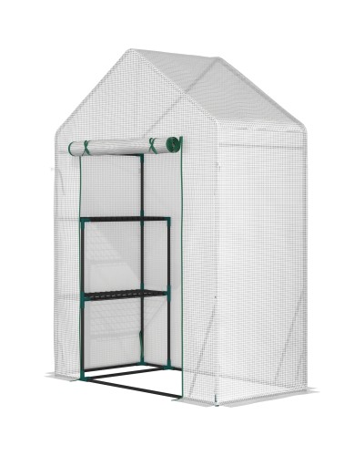 Outdoor PE and Steel Garden Greenhouse with 2 Shelves and Roll-up Door, 143x73x195 cm, White